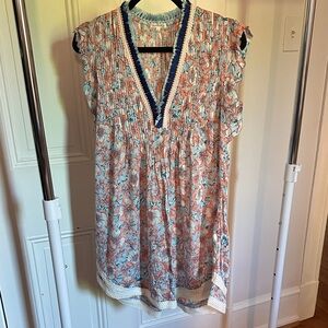 Poupette St. Barth Coral & Aqua Floral V-Neck Smocked Tunic